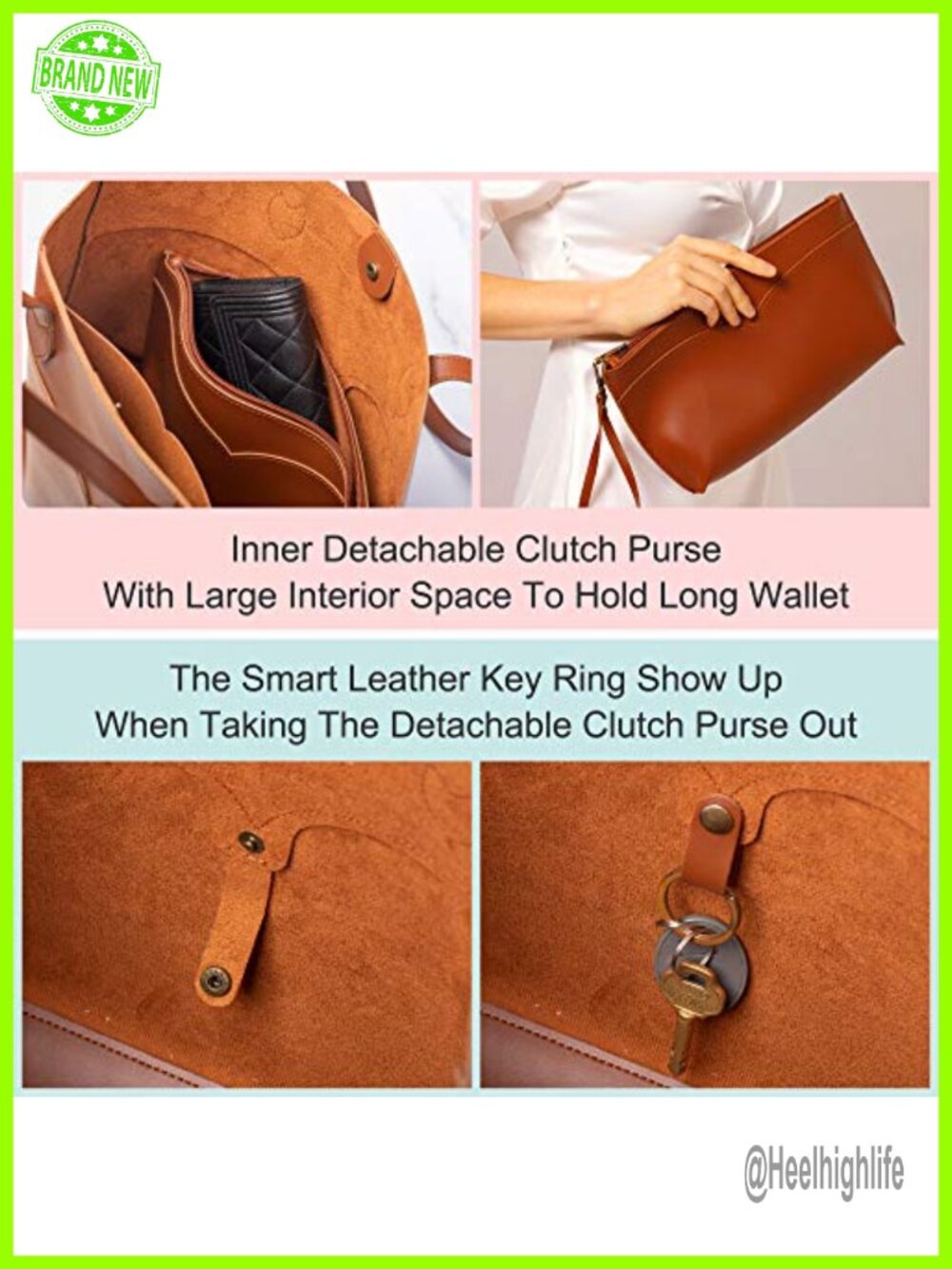 Vegan Leather Tote Bag with Detachable Clutch Snap Keyring - Picture 4 of 6
